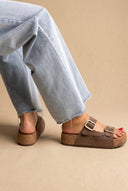 Inter - Bios - Flatform Sandals Wide Strap Buckle - Brown Suede