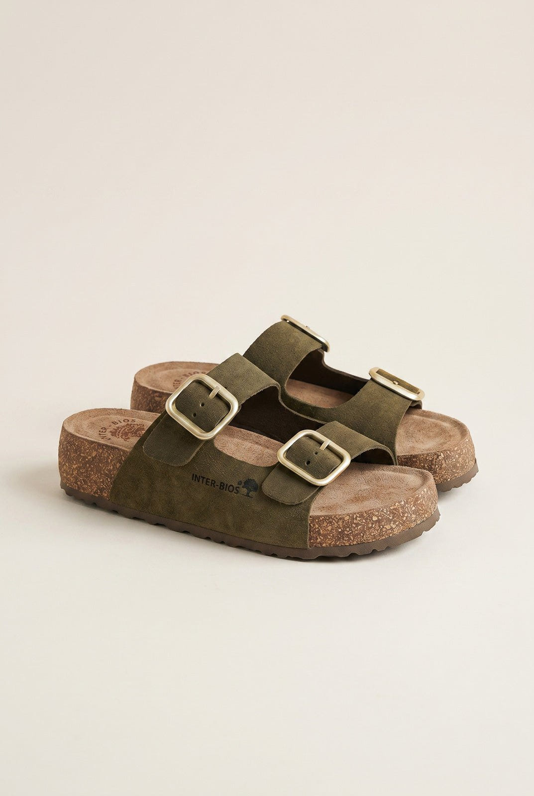 Inter - Bios - Flatform Sandals Wide Strap Buckle - Khaki Green Suede