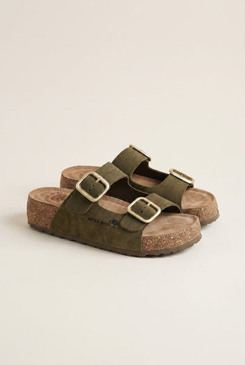 Inter - Bios - Flatform Sandals Wide Strap Buckle - Khaki Green Suede