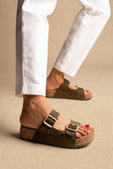 Inter - Bios - Flatform Sandals Wide Strap Buckle - Khaki Green Suede