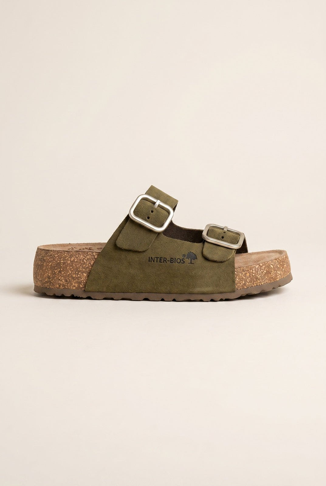Inter - Bios - Flatform Sandals Wide Strap Buckle - Khaki Green Suede