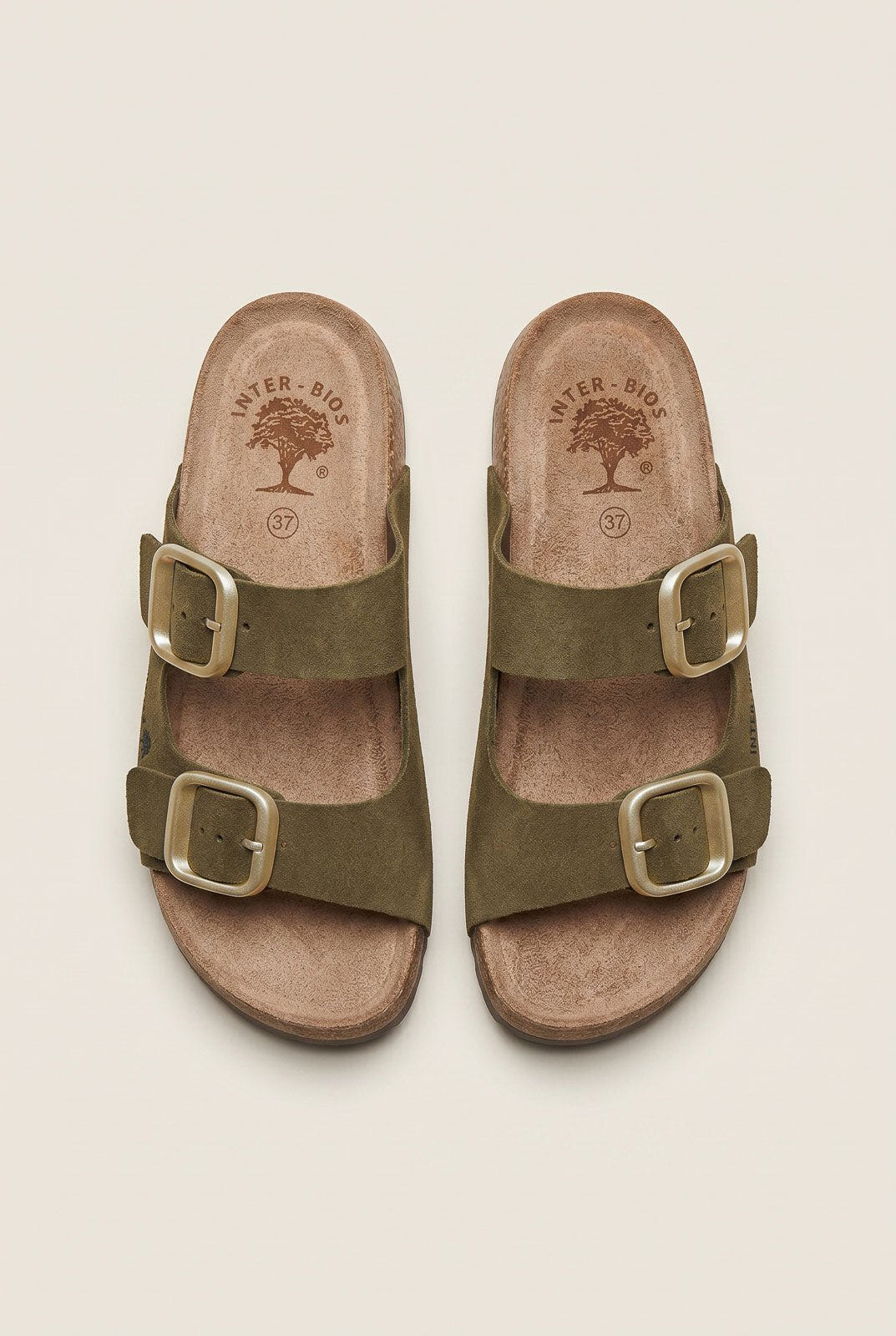 Inter - Bios - Flatform Sandals Wide Strap Buckle - Khaki Green Suede