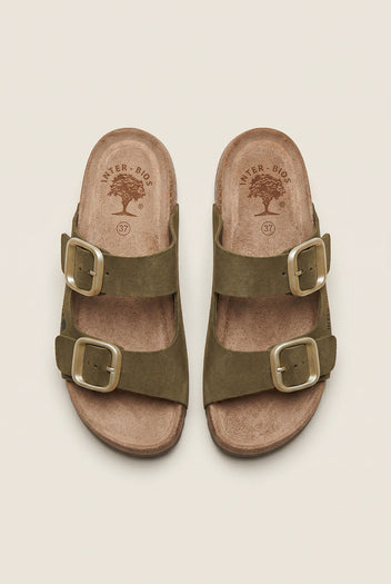 Inter - Bios - Flatform Sandals Wide Strap Buckle - Khaki Green Suede