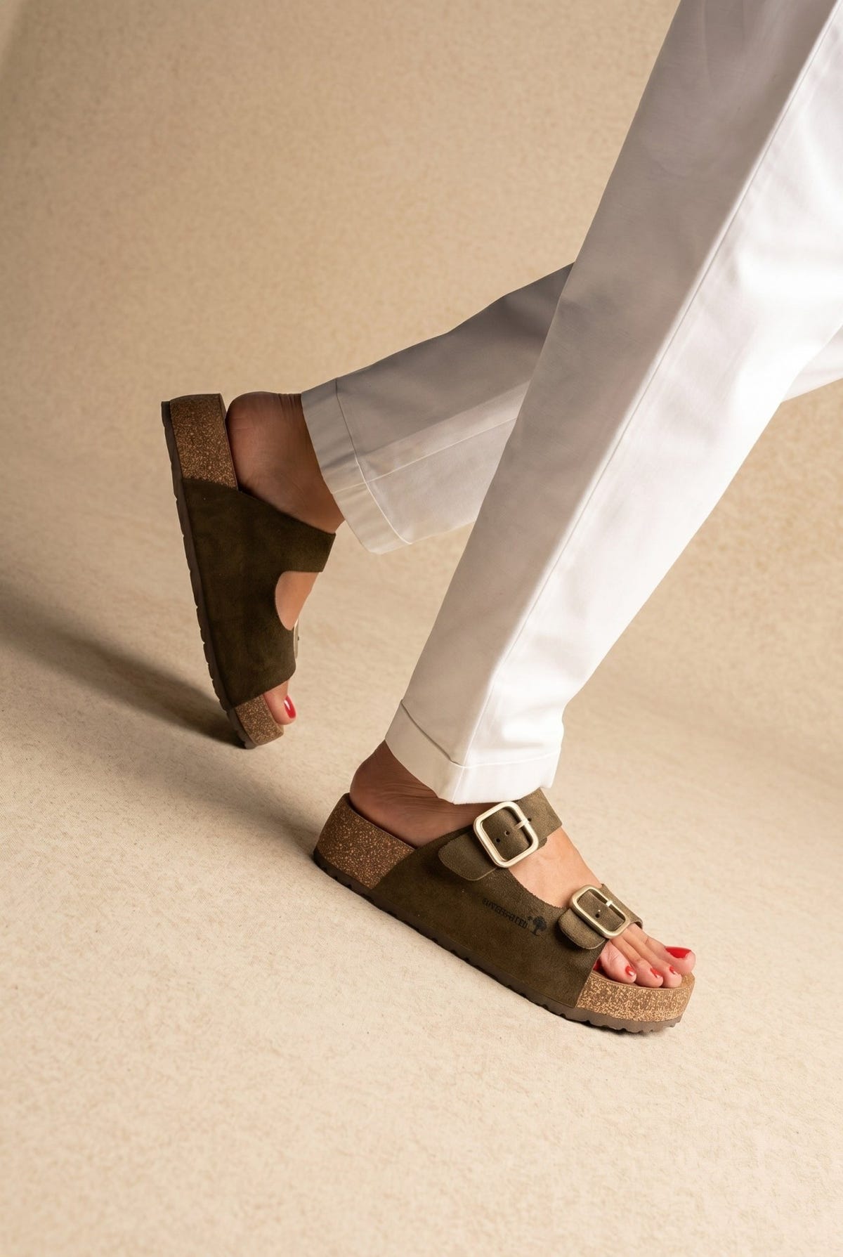 Inter - Bios - Flatform Sandals Wide Strap Buckle - Khaki Green Suede