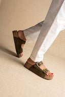 Inter - Bios - Flatform Sandals Wide Strap Buckle - Khaki Green Suede