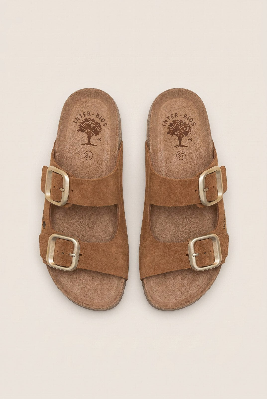 Inter - Bios - Flatform Sandals Wide Strap Buckle - Tan Suede