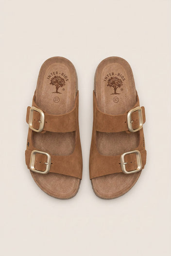 Inter - Bios - Flatform Sandals Wide Strap Buckle - Tan Suede