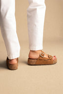 Inter - Bios - Flatform Sandals Wide Strap Buckle - Tan Suede