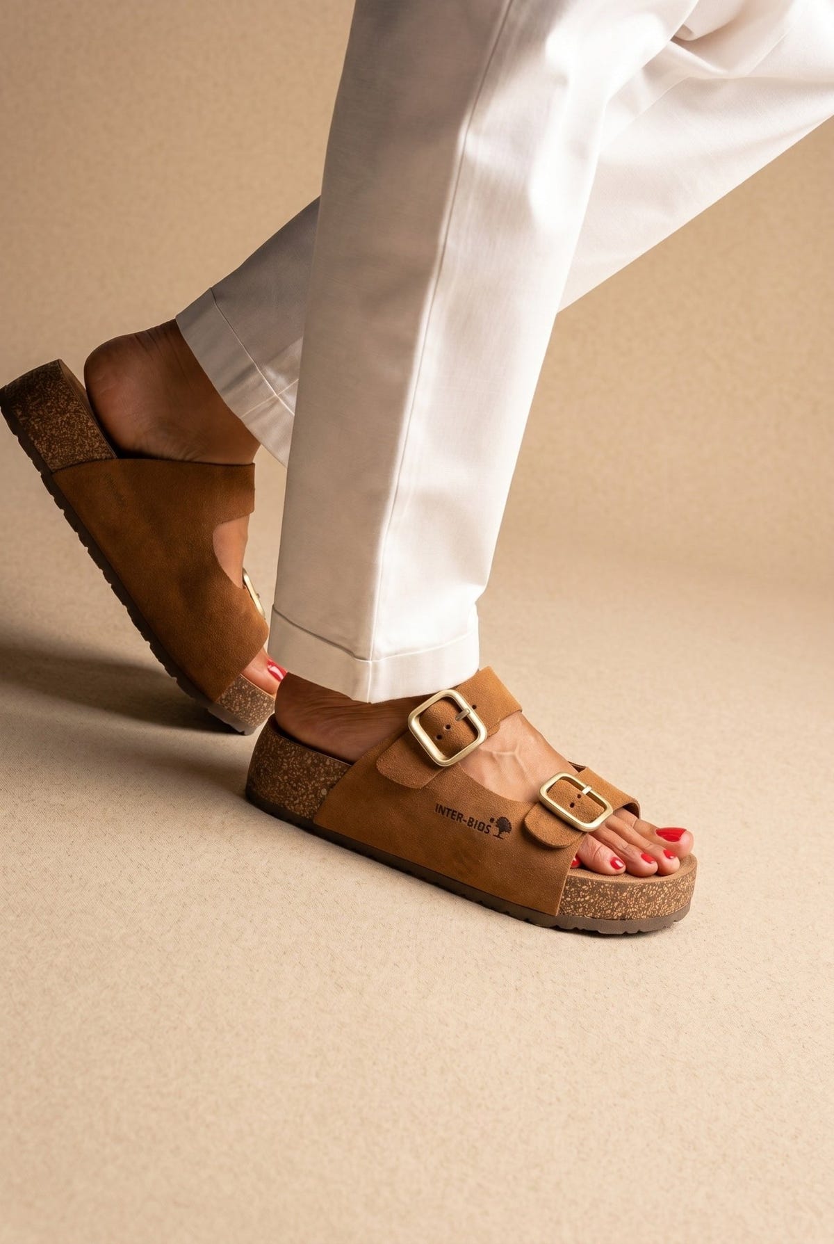 Inter - Bios - Flatform Sandals Wide Strap Buckle - Tan Suede