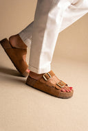 Inter - Bios - Flatform Sandals Wide Strap Buckle - Tan Suede