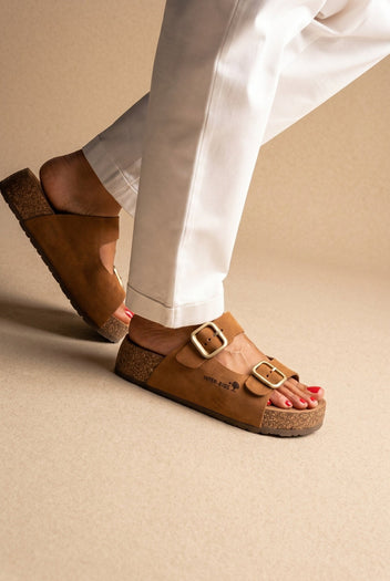 Inter - Bios - Flatform Sandals Wide Strap Buckle - Tan Suede