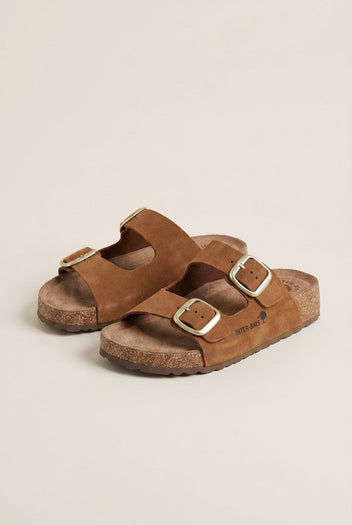 Inter - Bios - Flatform Sandals Wide Strap Buckle - Tan Suede