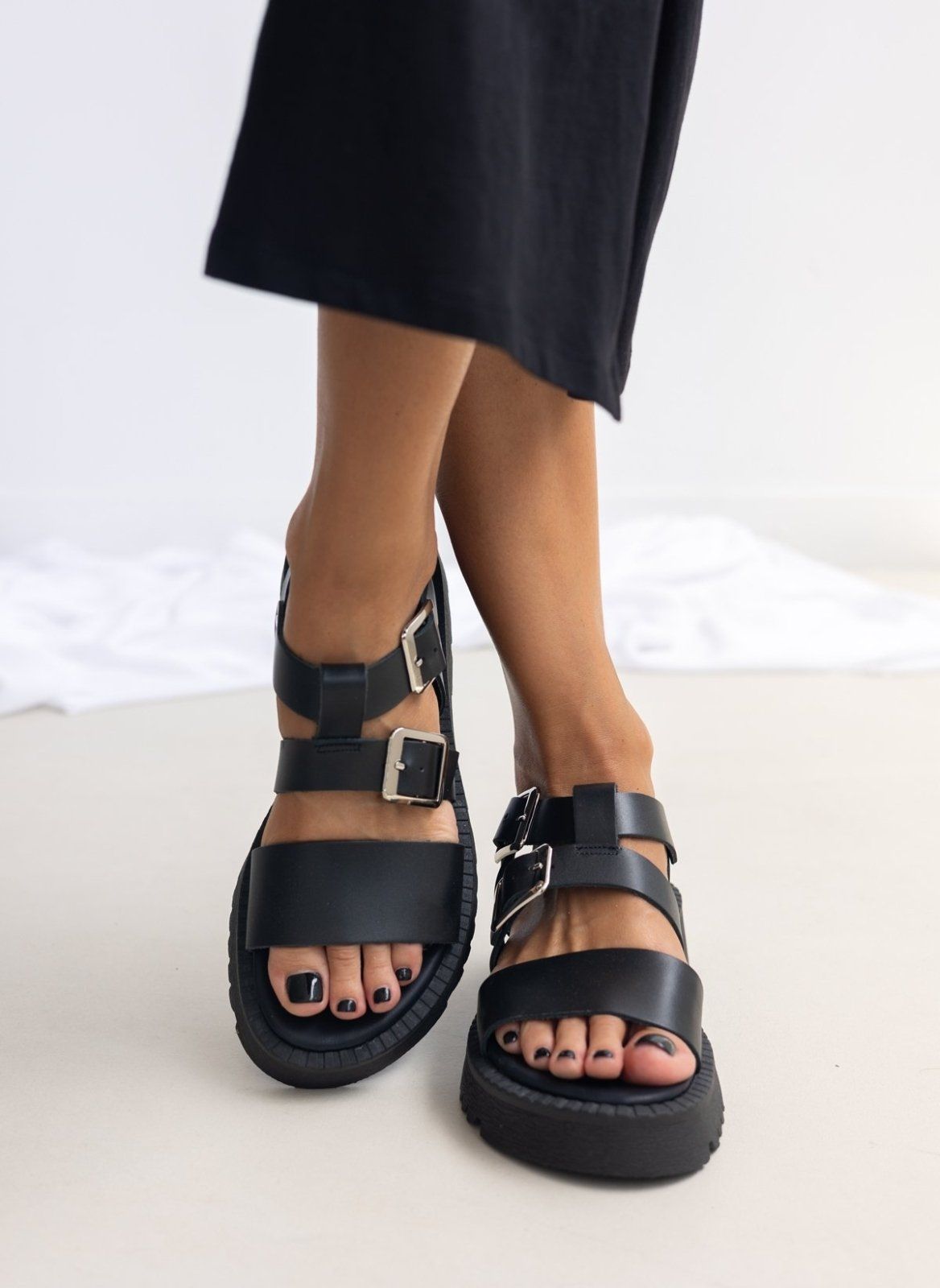Flatforms δερμάτινα με τοκάδες TFP - Μαύρο - thefashionproject.gr - TFP