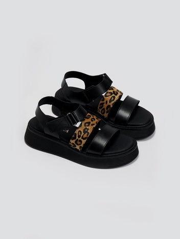 Flatforms δερμάτινα με velcro και print Ragazza 01227 - Μαύρο - thefashionproject.gr - RAGAZZA