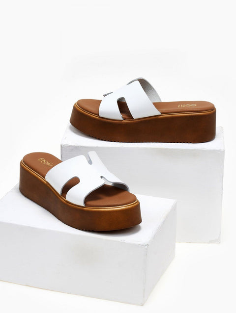 Leather Flatform Sandals with Cut-outs - White