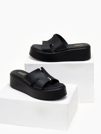 Flatforms δερμάτινα σανδάλια με ανοίγματα Estil - Μαύρο - thefashionproject.gr - Estil