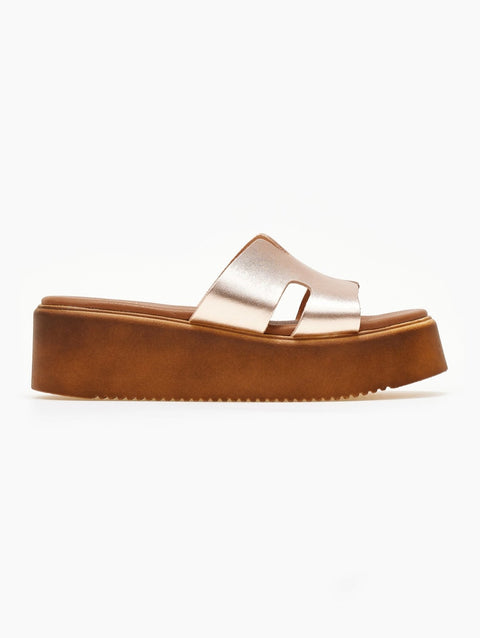 Leather Flatform Sandals with Cut-outs - Copper