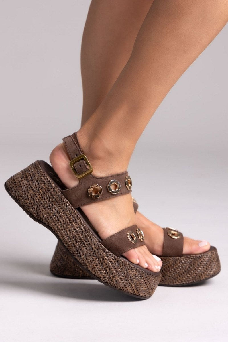 Flatforms δερμάτινα σανδάλια με ψάθα Carad - Καφέ - thefashionproject.gr - CARAD