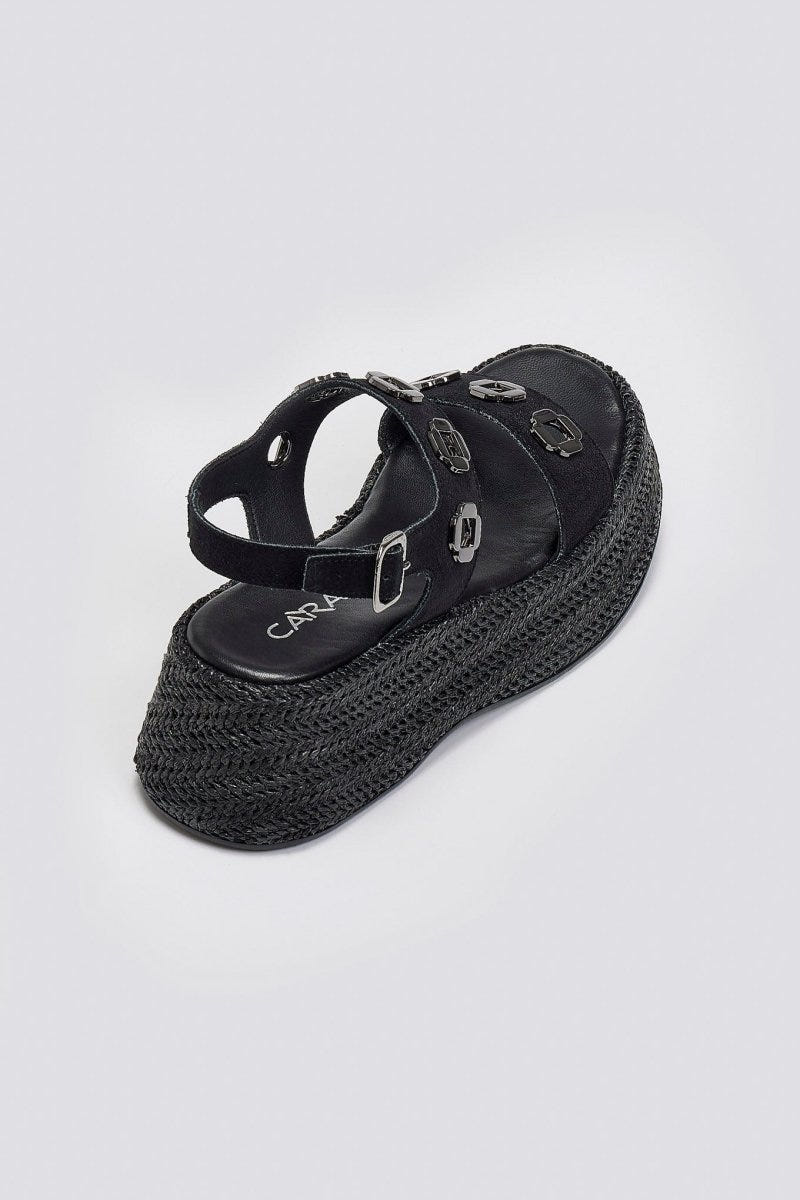 Flatforms δερμάτινα σανδάλια με ψάθα Carad - Μαύρο - thefashionproject.gr - CARAD