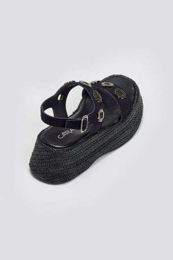 Flatforms δερμάτινα σανδάλια με ψάθα Carad - Μαύρο - thefashionproject.gr - CARAD