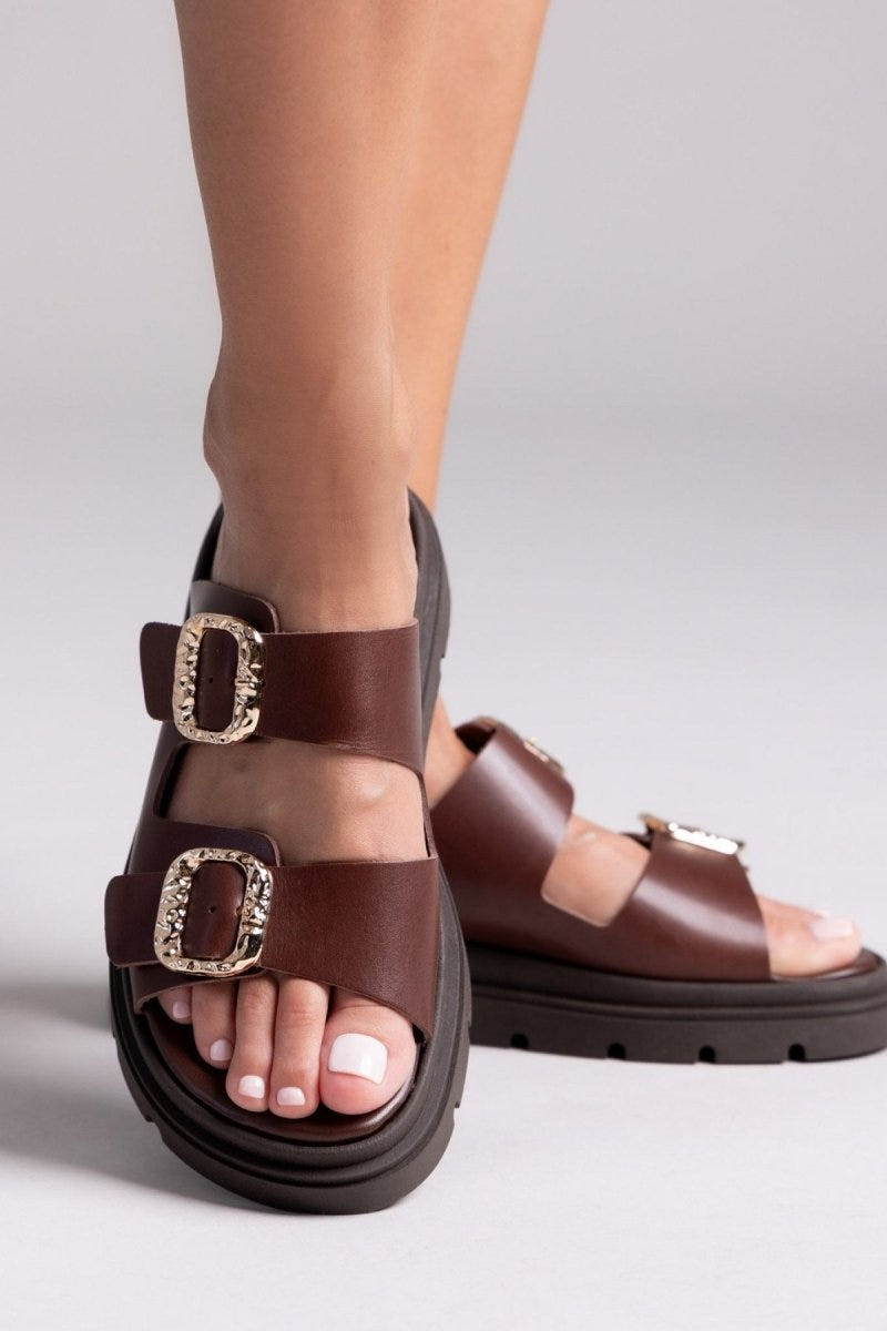 Flatforms δερμάτινα σανδάλια με τοκάδες Tfp - Καφέ - thefashionproject.gr - TFP