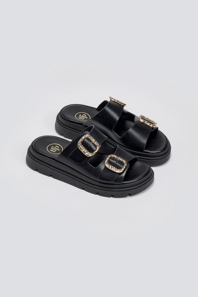 Flatforms δερμάτινα σανδάλια με τοκάδες Tfp - Μαύρο - thefashionproject.gr - TFP