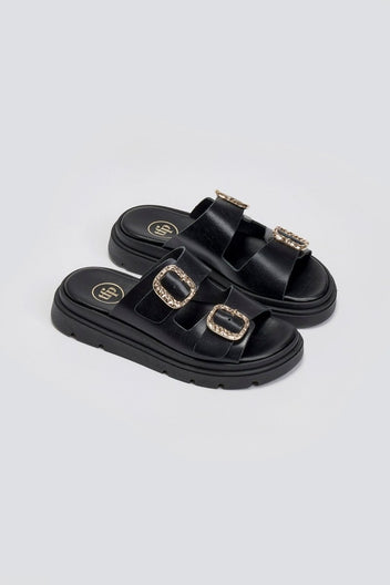 Flatforms δερμάτινα σανδάλια με τοκάδες Tfp - Μαύρο - thefashionproject.gr - TFP
