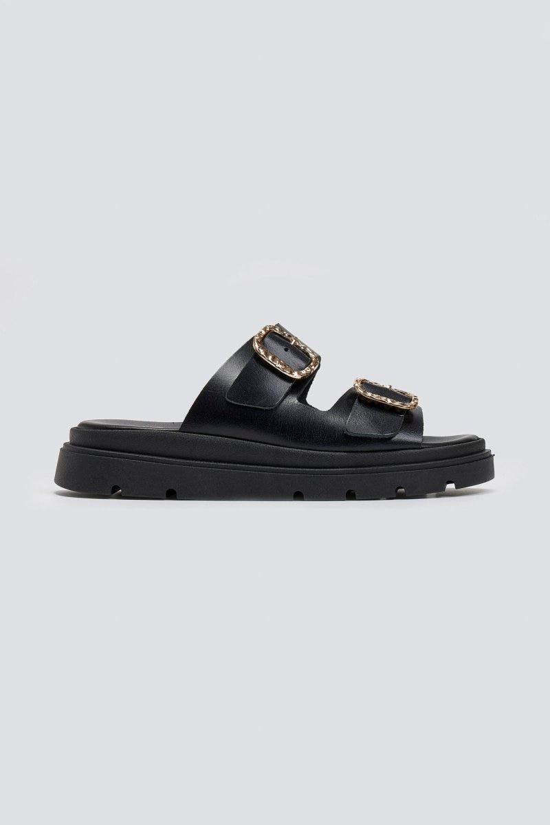 Flatforms δερμάτινα σανδάλια με τοκάδες Tfp - Μαύρο - thefashionproject.gr - TFP