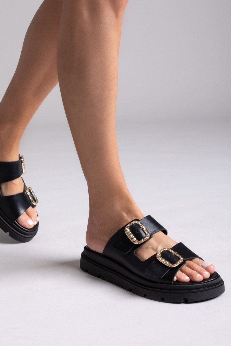 Flatforms δερμάτινα σανδάλια με τοκάδες Tfp - Μαύρο - thefashionproject.gr - TFP