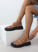 Flatforms δερμάτινα σανδάλια με velcro TFP - Mocha - thefashionproject.gr - TFP