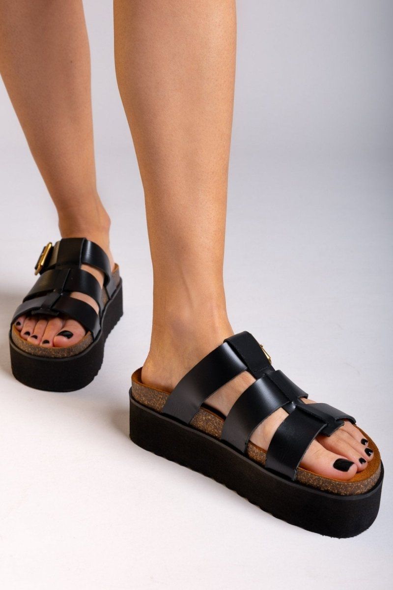 Flatforms σανδάλια δερμάτινα ATENEO - Μαύρο - thefashionproject.gr - ATENEO