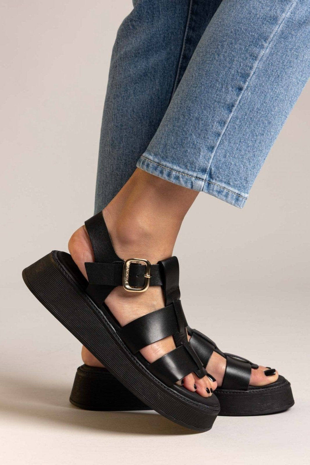 Flatforms σανδάλια δερμάτινα με τοκά Ragazza 01239 - Μαύρο - thefashionproject.gr - RAGAZZA