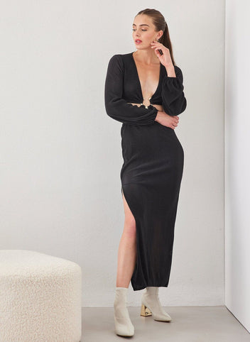 Φόρεμα γκοφρέ με cut outs και μέταλλο - Μαύρο - thefashionproject.gr - The Fashion Project