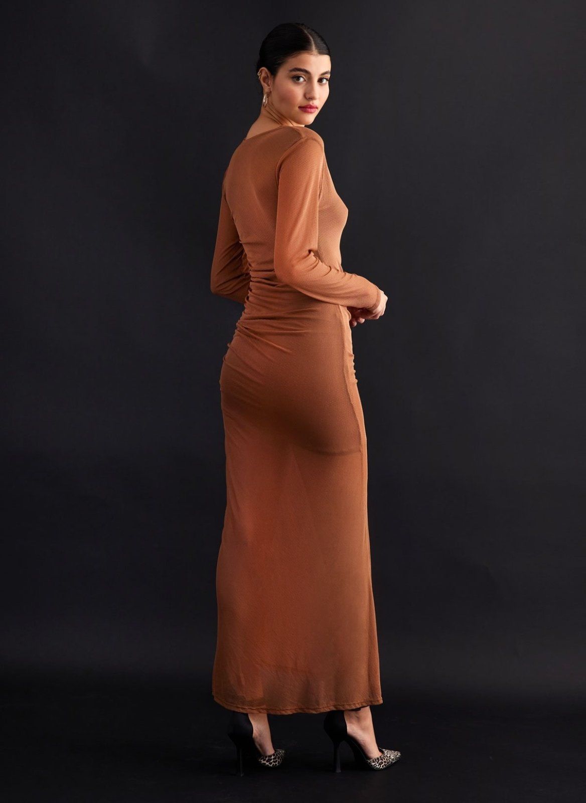 Φόρεμα μάξι διαφάνεια με διακριτικό glitter LUMINA - Caramel - thefashionproject.gr - LUMINA