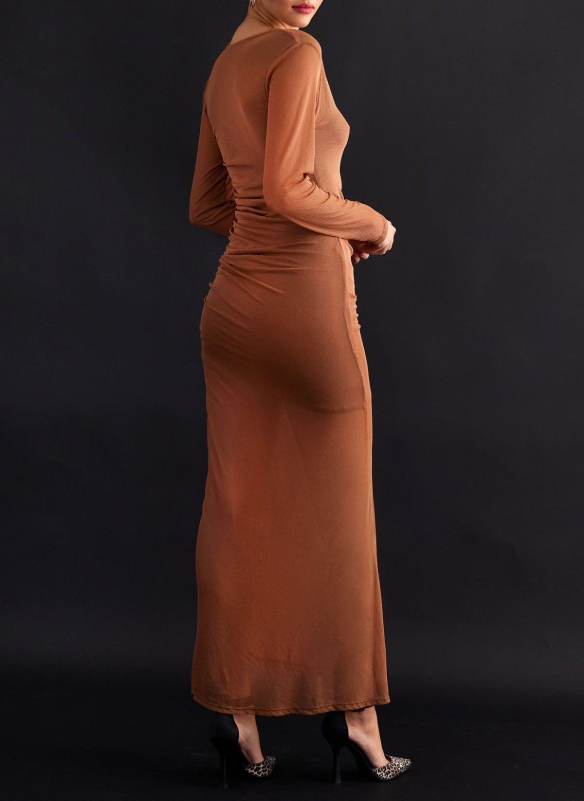 Φόρεμα μάξι διαφάνεια με διακριτικό glitter LUMINA - Caramel - thefashionproject.gr - LUMINA