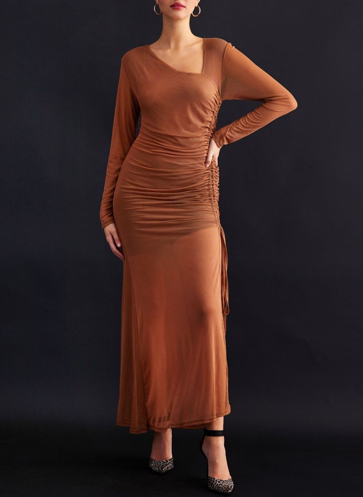Φόρεμα μάξι διαφάνεια με διακριτικό glitter LUMINA - Caramel - thefashionproject.gr - LUMINA