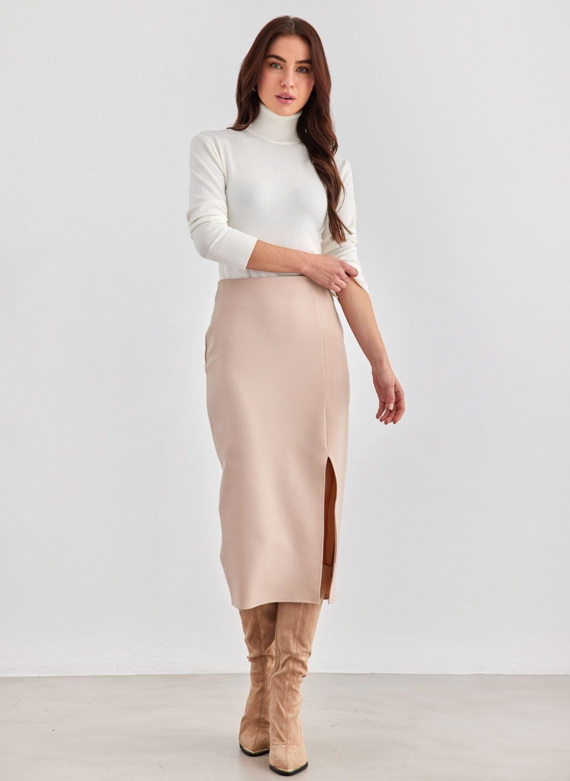 Φούστα μίντι με άνοιγμα BISOU - Μπεζ - thefashionproject.gr - BISOU