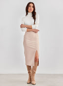 Φούστα μίντι με άνοιγμα BISOU - Μπεζ - thefashionproject.gr - BISOU