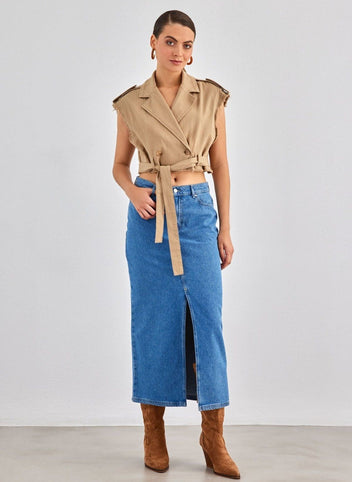 Γιλέκο κοντό με ζωνάκι - Τάουπε - thefashionproject.gr - BISOU