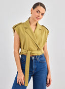 Γιλέκο κοντό με ζωνάκι - Χακί - thefashionproject.gr - BISOU