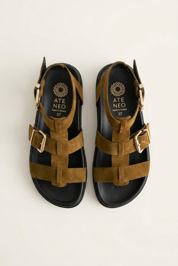 ATENEO - Gladiator Sandals Buckle Straps - Olive Suede