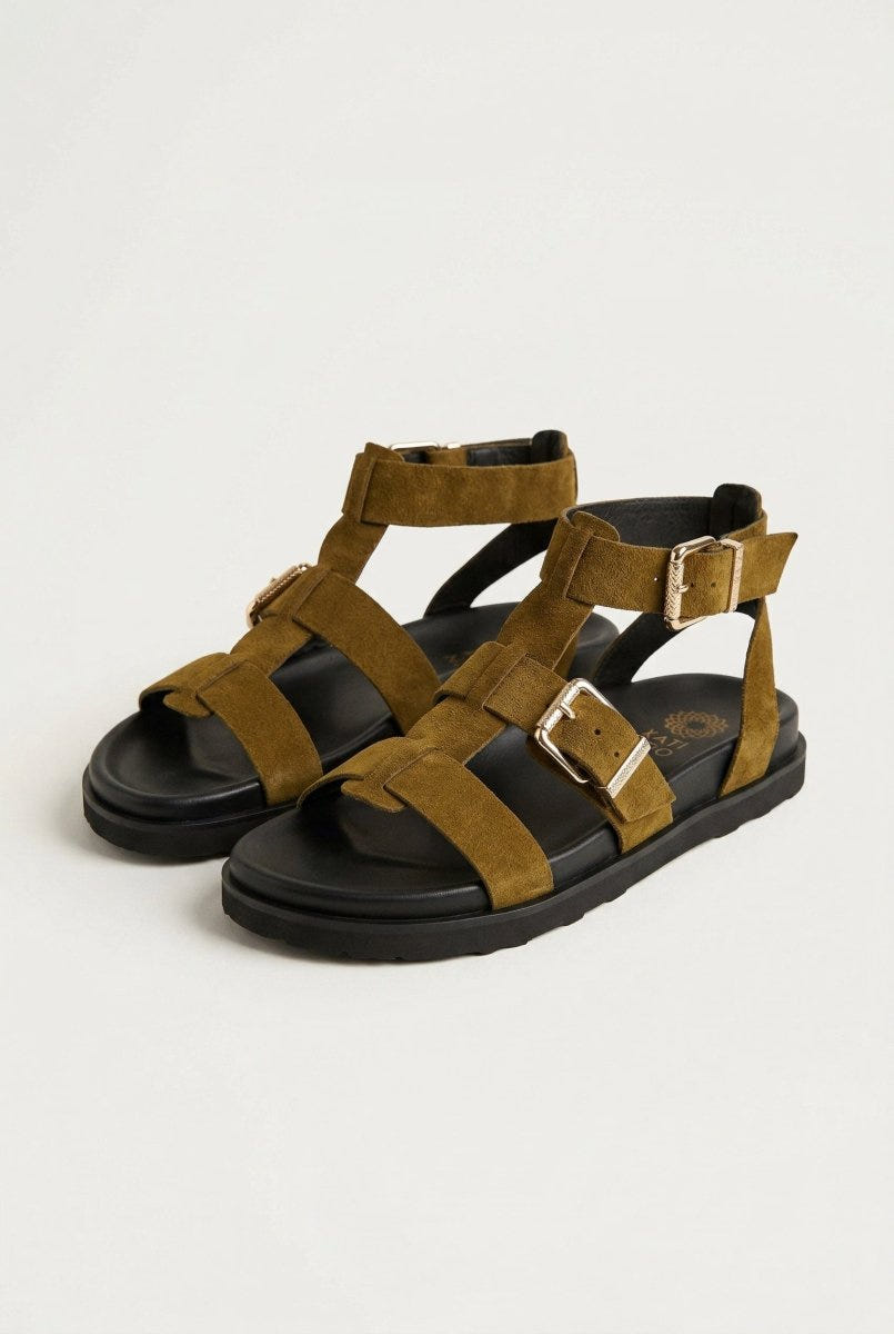 ATENEO - Gladiator Sandals Buckle Straps - Olive Suede