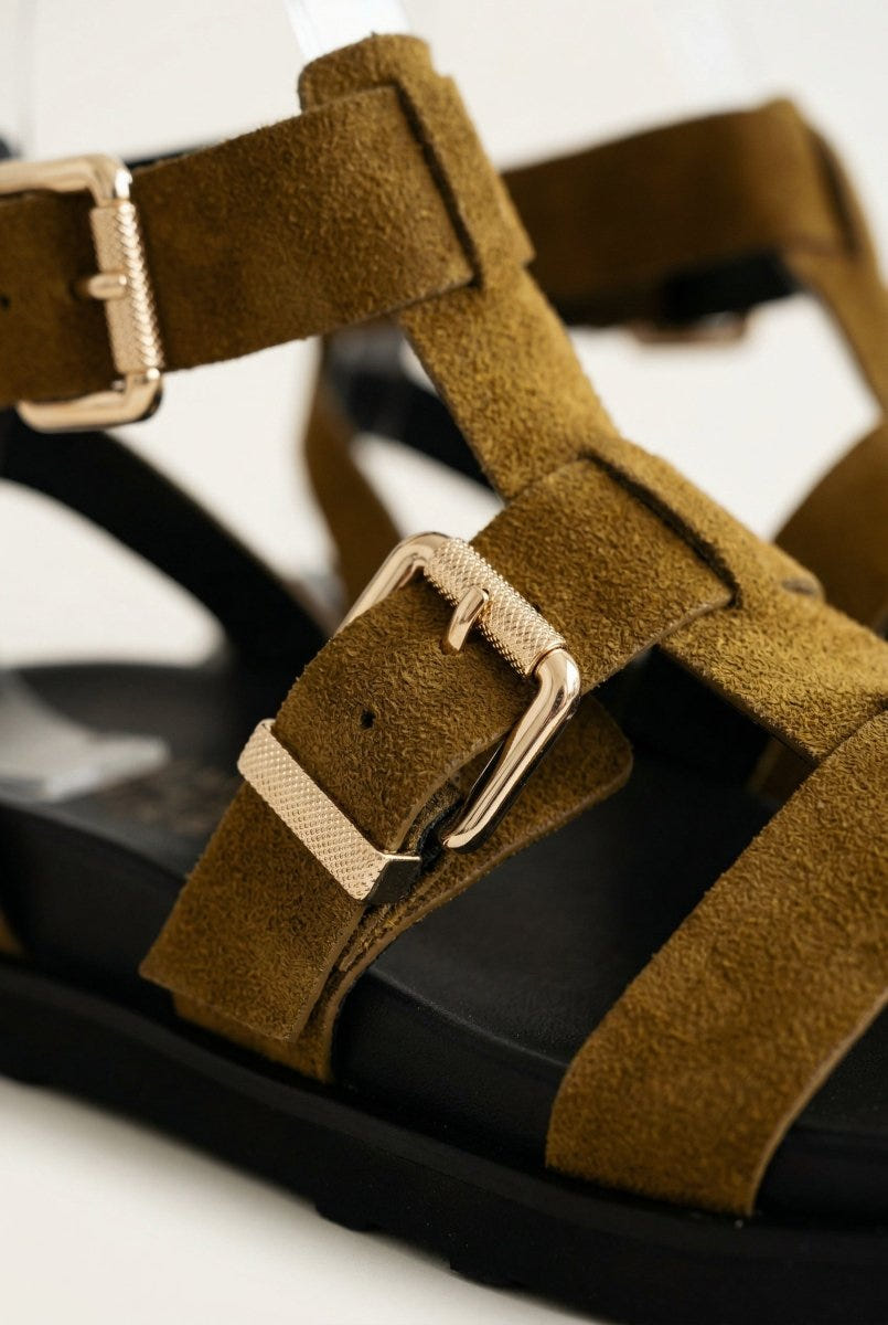 ATENEO - Gladiator Sandals Buckle Straps - Olive Suede