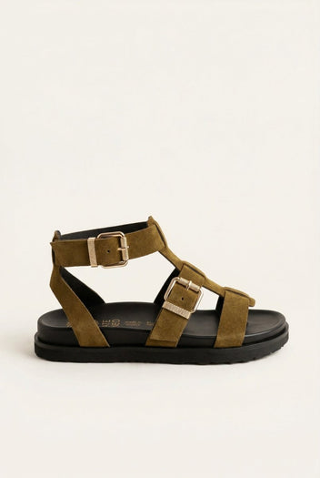 ATENEO - Gladiator Sandals Buckle Straps - Olive Suede