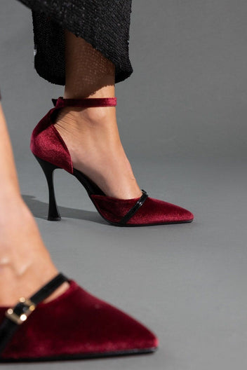 Γόβες από velvet ύφασμα με μπαρέτα TFP - Burgundy - thefashionproject.gr - TFP