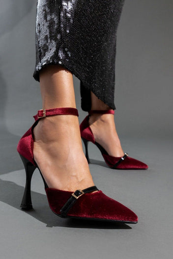 Γόβες από velvet ύφασμα με μπαρέτα TFP - Burgundy - thefashionproject.gr - TFP
