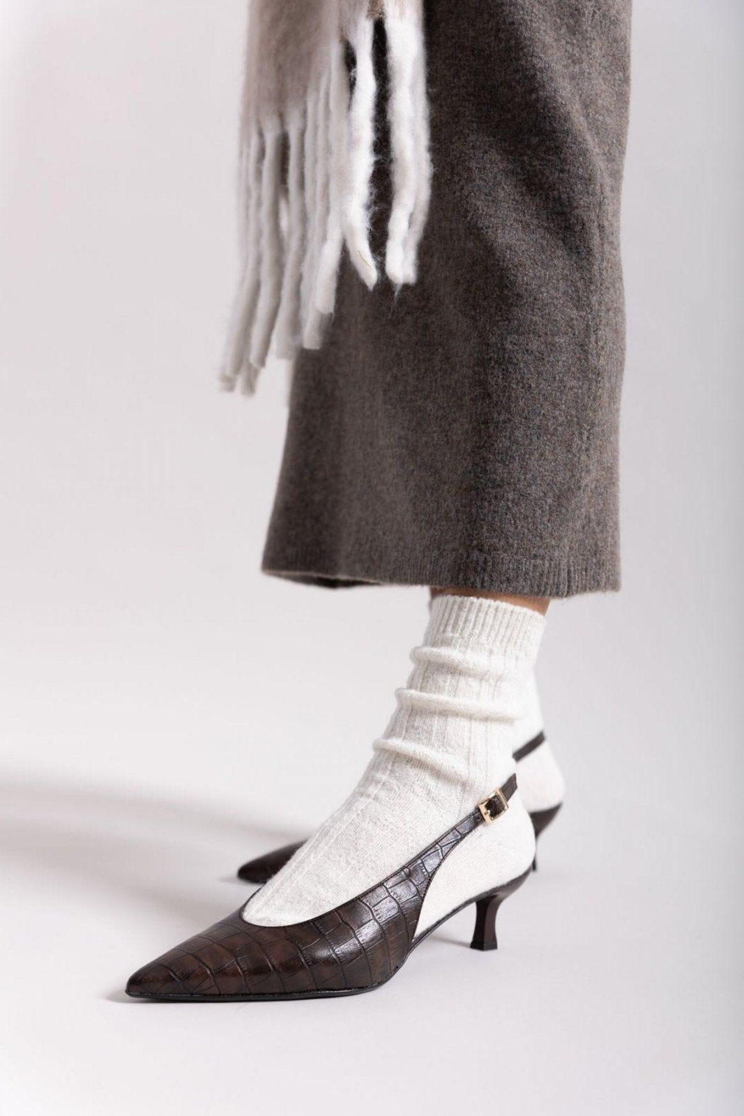 Γόβες κροκό μυτερές slingback TFP - Καφέ - thefashionproject.gr - TFP