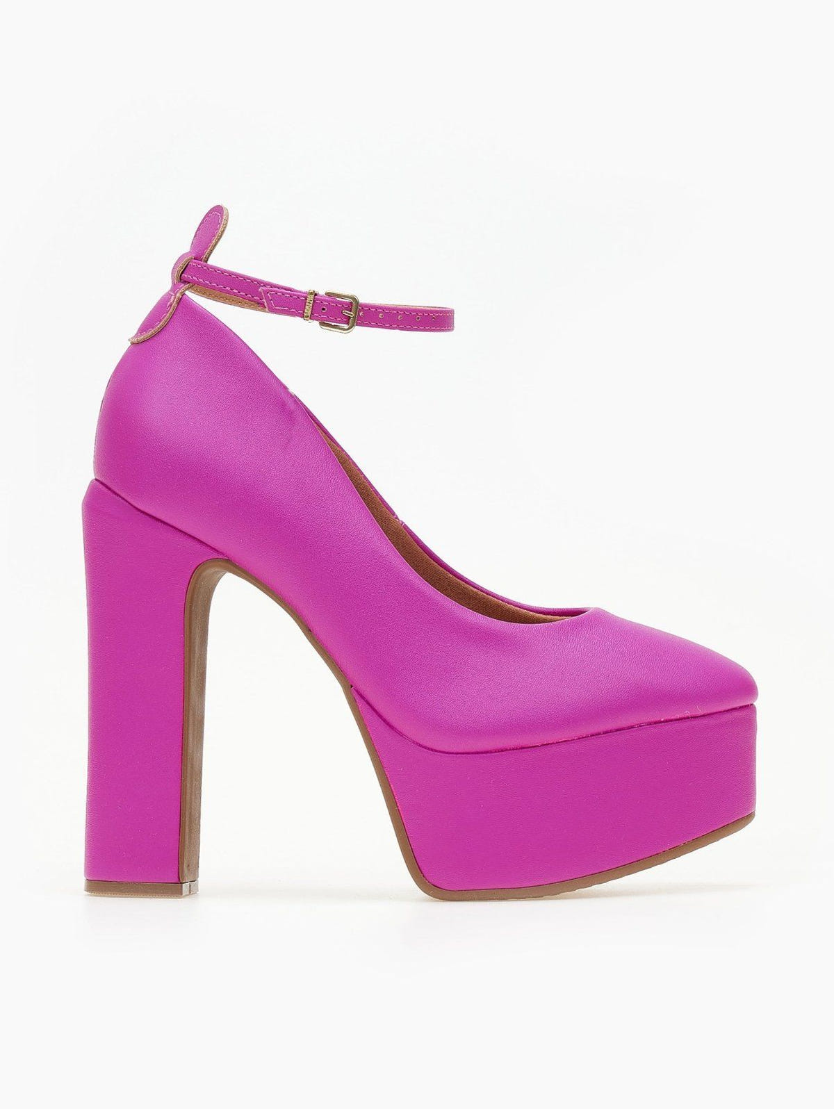 Fuchsia satin-finish platform pump with high block heel and buckled ankle strap, side profile.