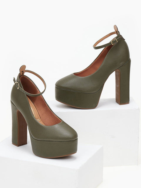 Platform Pumps with Ankle Strap - Olive