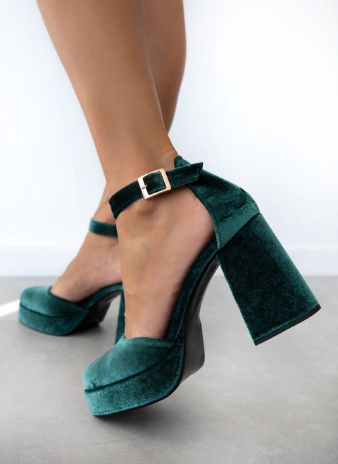 Velvet Ankle Strap Pumps - Forest Green